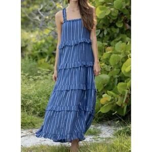 NWT Bindu Melita Navy Blue Metallic Stripe Cotton Maxi Dress‎